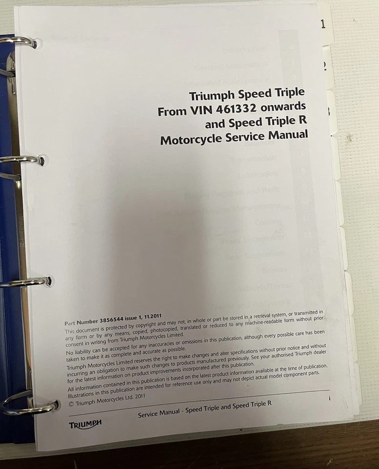 2011 Triumph Speed Triple, Vin 461332 Onward Speed Triple R  Service Manual - image 2 of 2