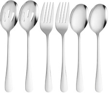 6 PCS Silver Serving Spoons Set Forks Slotted Stainless Steel Kitchen Buffet