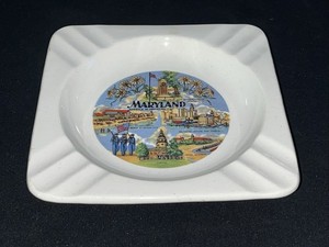 Vintage Maryland Travel Ceramic Souvenir Ashtray White 5-3/8” Square