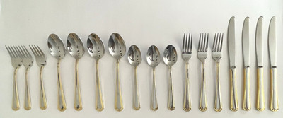 WM A ROGERS Lot of 17 Flatware FORK SPOON KNIFE Gold Outline FORK KNIFE SPOON