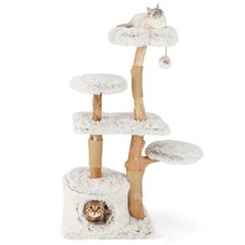 53" Tall Natural Branch Wooden Cat Tower w/ Jute Scratching Posts Plush Perch
