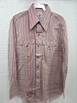 New Men s Tem Tex Pink Multicolor Stripe Long Sleeve Pearl Snap 15.5 Medium O-26