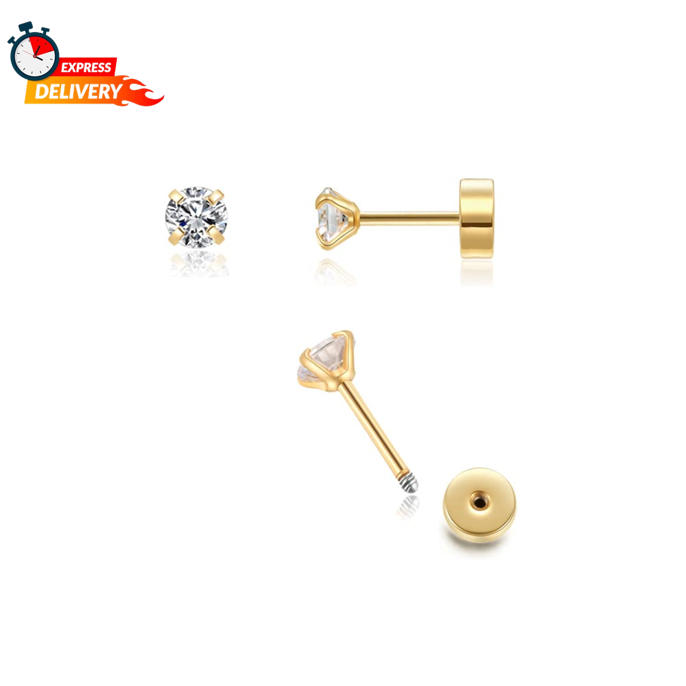3mm Gold Plated CZ Flat Back Screw-On Stud Earrings