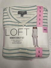 Loft Woman s Henley Pajama Set Green Striped Pointelle Fabric Size Small NEW