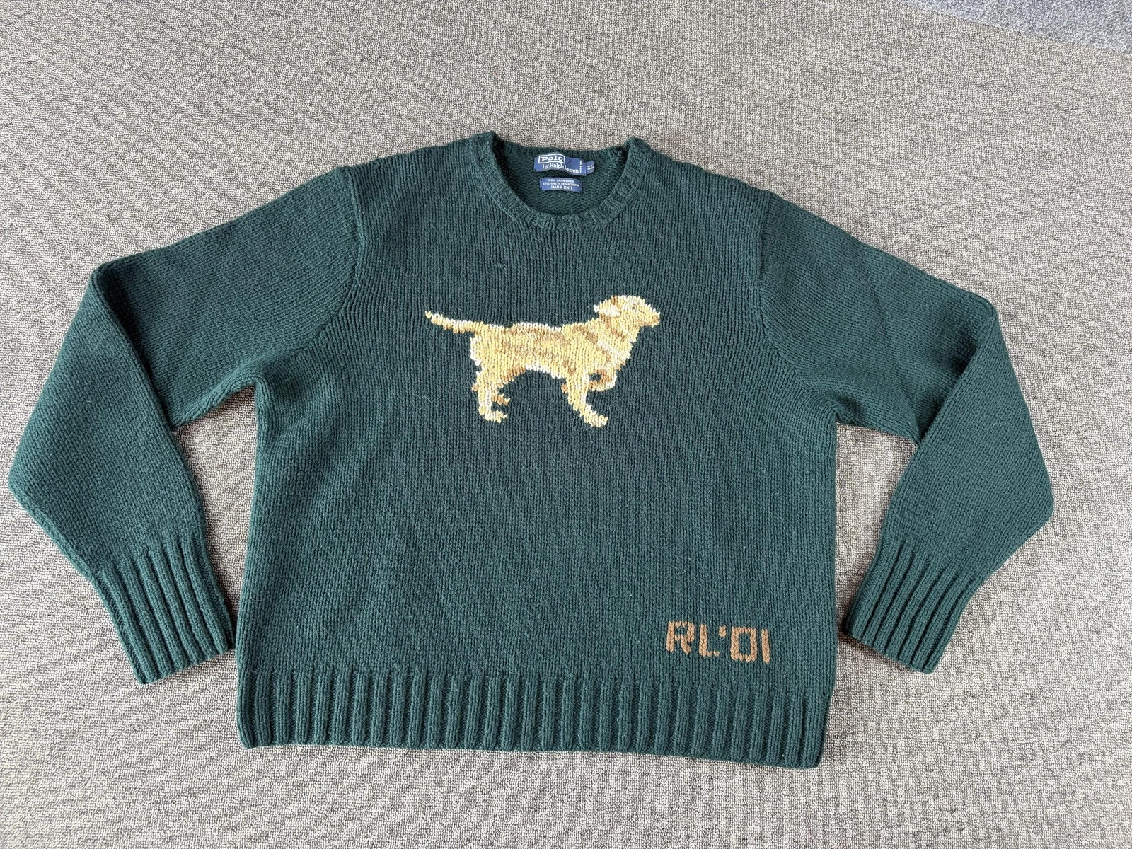 Vintage Polo Ralph Lauren Sweater Mens XL Green Lambswool Dog Hand Knit RL01