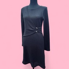 GILLI Black Waffle Faux Wrap Black Stretchy Fitted S Dress Preppy Minimalist Mod