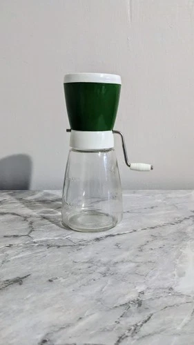 Vintage Federal Housewares Nut Grinder Clear Glass Jar Green Top Hand Crank 7.5”