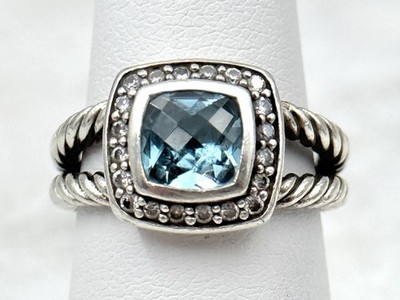 David Yurman Petite Albion 7 mm Blautopas Diamantring Größe 5,75 Sterlingsilber