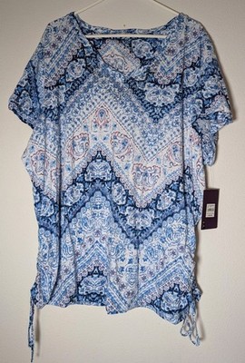 NEW Women's Gloria Vanderbilt Plus 3X Multi Color Blue Emma Rhinestone Top Shirt