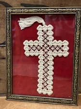Vintage Completed Framed Handmade Lace Hardanger Cross