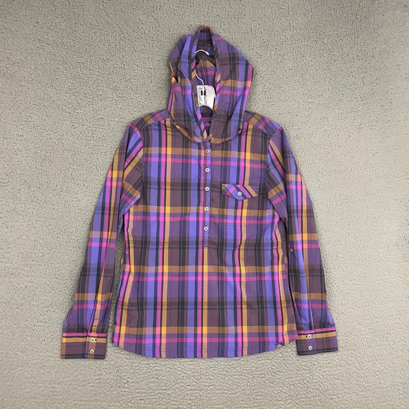 prana hooded plaid henley long sleeve hiking outdoor shirt