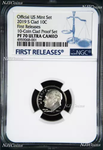 2019 S Proof 10C Clad Dime NGC PF70 ULTRA CAMEO in 10-coin-set Roosevelt BU FR
