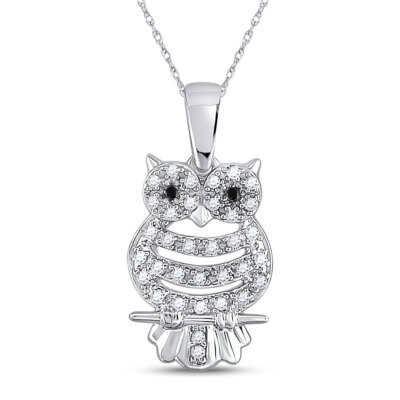 L U DIAMANTEN 10K Weißgold schwarzer Diamant Eule Vogel Tier Anhänger 1/6 ctw