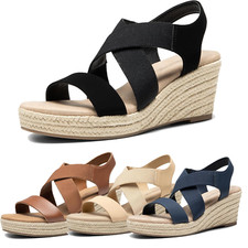 Sandalias de cuña con plataforma para mujer Sandalias elásticas con correa en el tobillo Sandalias con punta abierta
