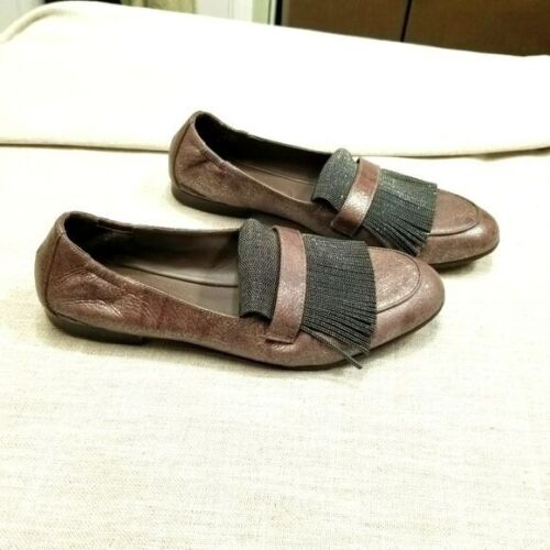 Brunelleschi Cucinelli Brown Glitter Shimmer Tassel Loafers Elastic Back 8.5