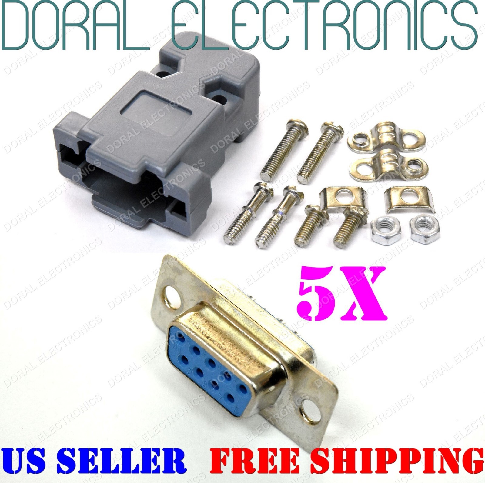5X DB9 9Pin Female Solder Cup Connector & Plastic Hood Shell