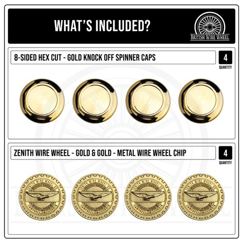 Gold KO Spinner Caps with Zenith Gold Lowrider Wire Wheel Chip Emblems, Set of 4 - Picture 7 of 60