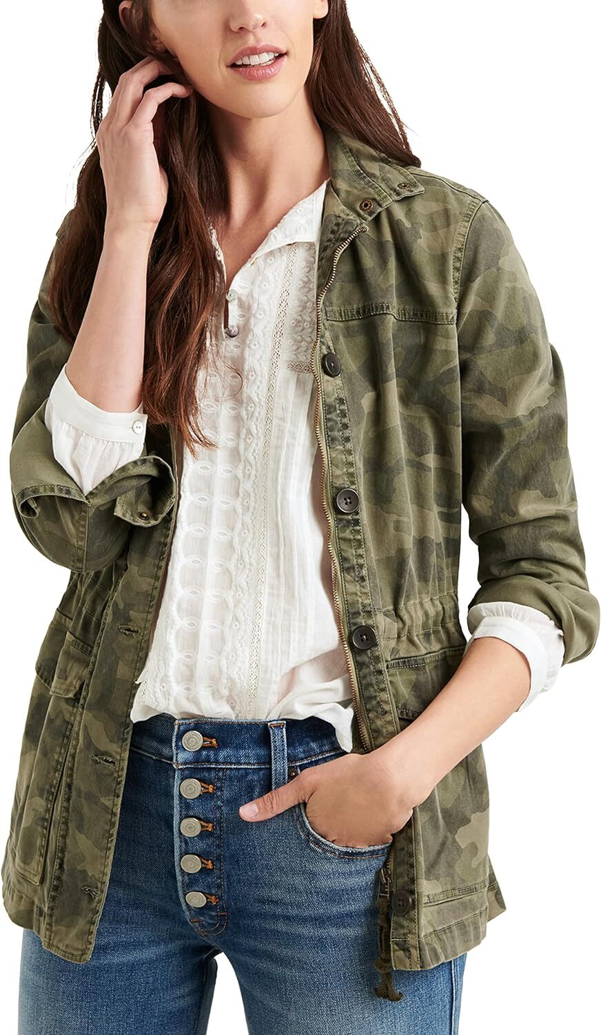 Lucky Brand Women's Long Sleeve Button Up Two Pocket Large, Green Multi