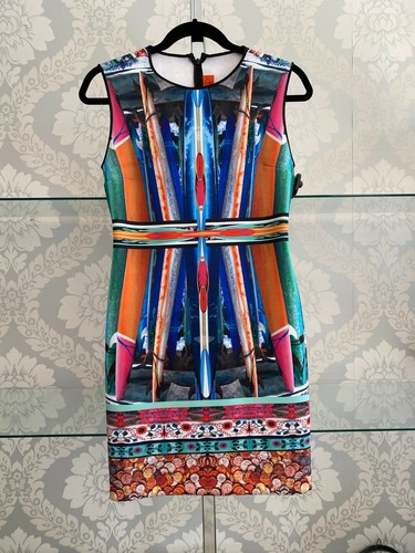 CLOVER CANYON Black/Multi-Color Print Sheath Dress Style#CD68C193 Sz L $255 NWT