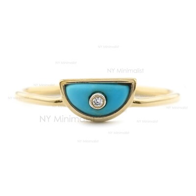 D-Form Türkis Edelstein Diamant Halb Evil Eye Ring massiv 14K Gelbgold Ring