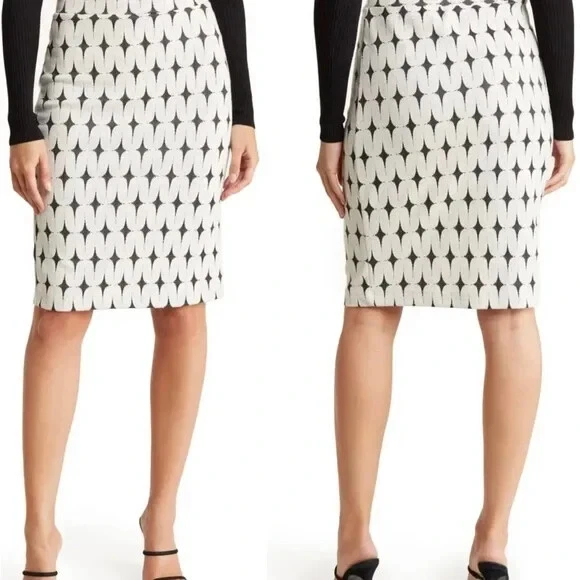 Renee C Stitchfix Women Pencil Skirt Leena Black Off White Print Knit Medium NEW - Image 2 of 4