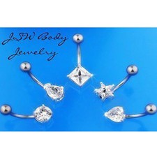 B 78 - 5pcs Clear Shaped Gem Solitaire 14g Belly/Navel Rings 316L Surgical Steel