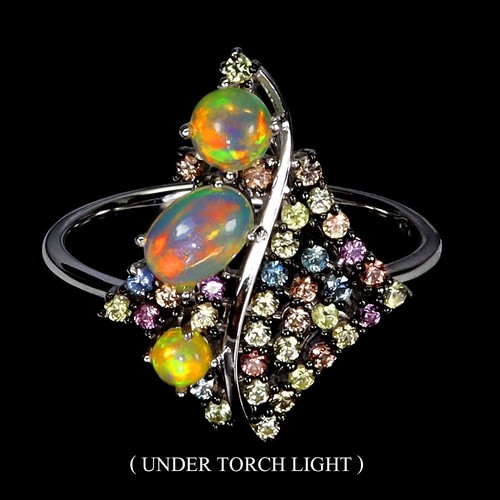 925 Sterling Silver Ring Oval Fire Opal 6x4mm Sapphire Gemstone Jewelry Size 9.5