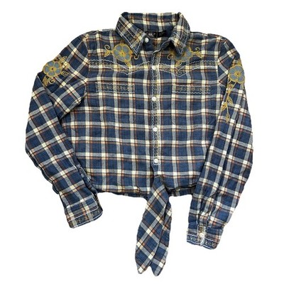 RRL Double RL Ralph Lauren Plaid Twill Tie Front Blouse Shirt Embroidered Size 3