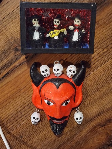 Small 3x2 Mexican Day of the Dead Mariachi Band Shadowbox + Clay Devil w/ Skulls