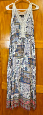 Suzanne Betro Blue White Floral PaisleyPrint Sleeveless V-Neck Maxi Dress Size L