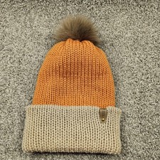 Knit Beanie Hat Toque Toboggan Size M-L Orange/Tan Winter Warm Pom Pom Handmade