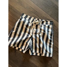 Zara Home Mens Swim Trunks Shorts Black White Striped Drawstring Summer Vacation