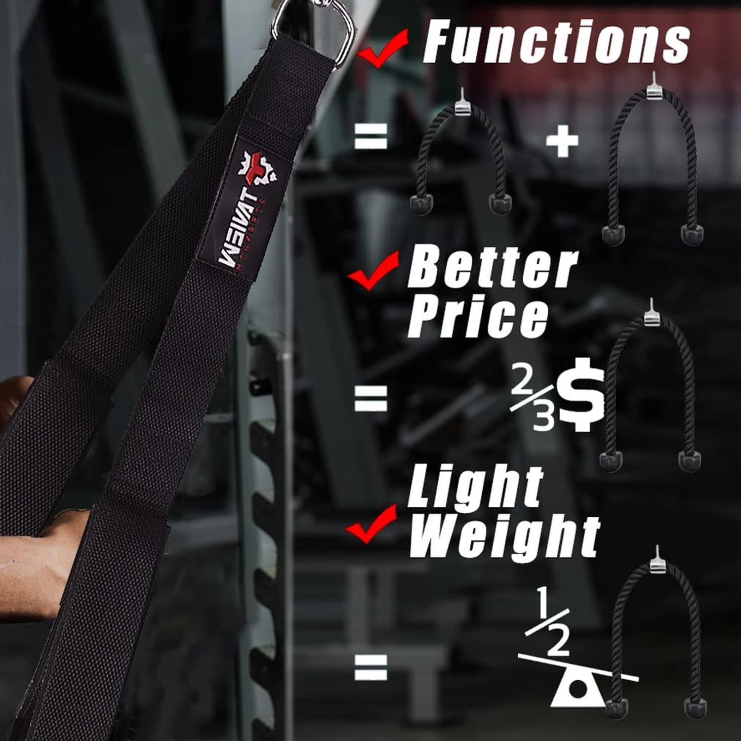 Tricep Rope Cable Attachment (Two Lengths Built in One) Greater Range of Moti...