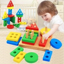 Wooden Geometric Shape Sorting Blocks Montessori Educational Kids Toy