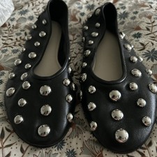 Zara Black Trend Luxury Embossed Ballerina With Studs Flat Shoes