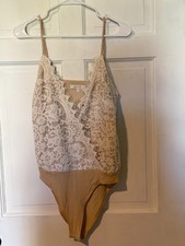 WAYF Women Bodysuit Med Lace Overlay Tan White Spaghetti Strap Snap Bottom 0269