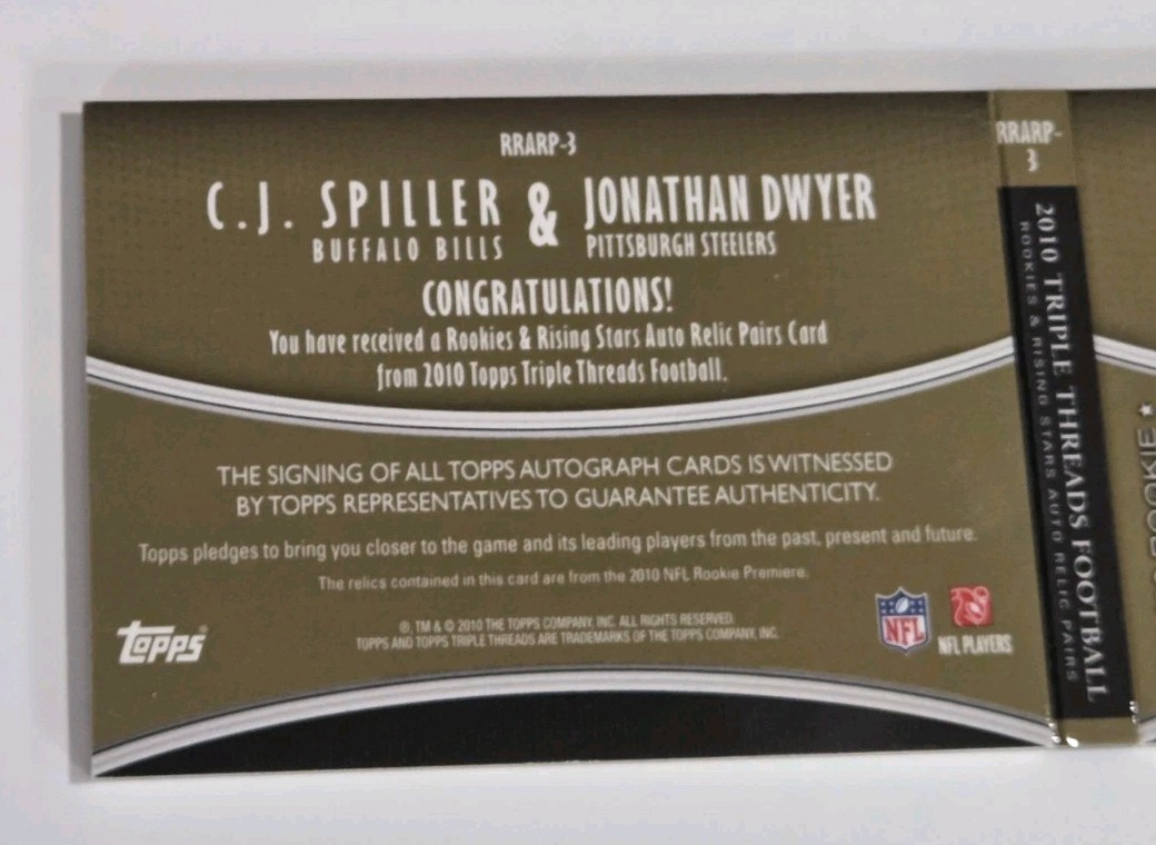 2010 Triple Threads C.J. SPILLER / JONATHAN DWYER RC BOOKLET DUAL AUTO PATCH /25 view 7