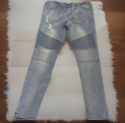 KDNK Jeans Streetwear Mens 36 Light Wash Distressed Grunge Biker Skinny Stretch