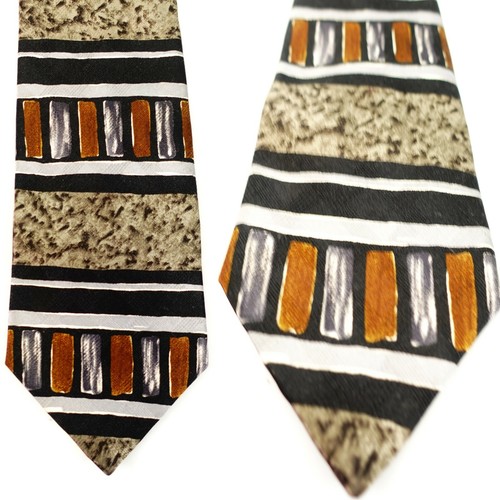 Patchwork Stripe Tie Mens Brown Abstract Art Deco Classic Dress Suit HAGGAR USA