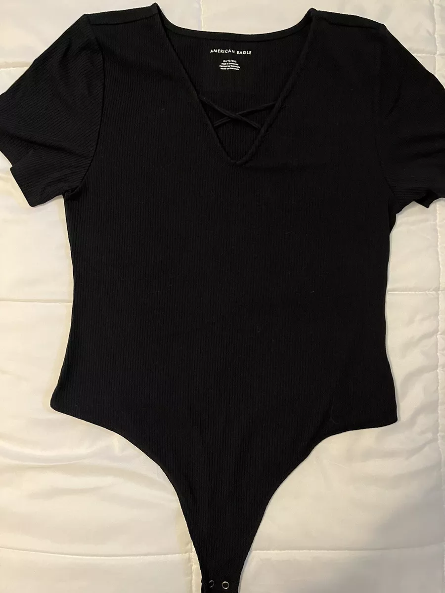 American Eagle Bodysuit Black Ribbed Short Sleeve Women's XL