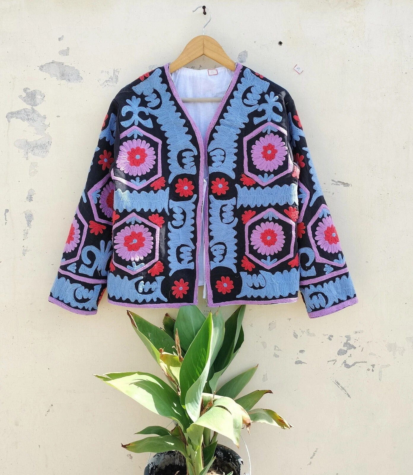 Indian Handmade Black Suzani Floral Cotton Unisex Jacket Womens Clothing Jacket