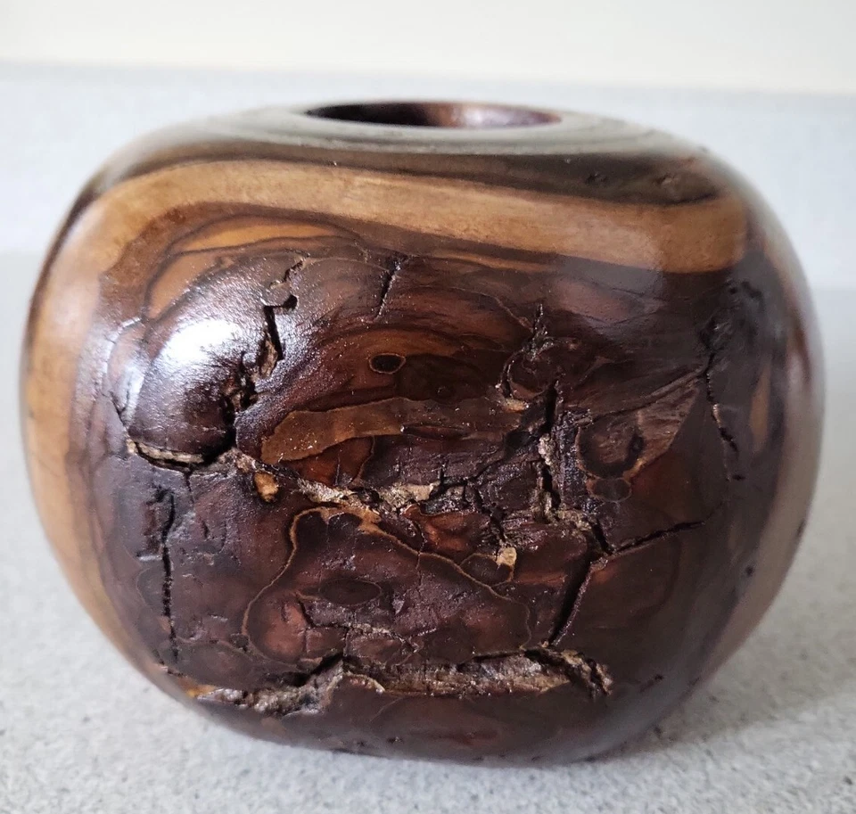 NEW! Artisan round WALNUT WOOD VASE w/ white stone inlay : signed 6.5" x 4.75" - Image 2 of 4