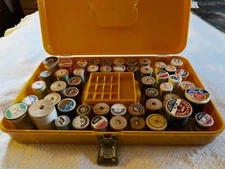 Vintage Plastic Thread Spool Container with 50 Thread Spools Wooden & Other 