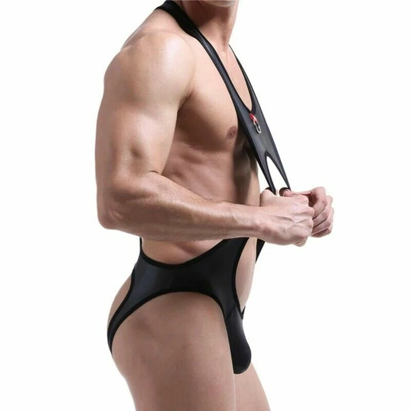 Men Man Jumpsuit PU Leather open butt Wrestling Singlet Mankini Bodysuit Costume - Image 3 of 4