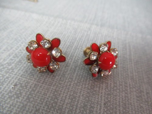 Juego de collar y pendientes de tornillo - piedras rojas y flores de diamantes de imitación - ca 1950s 2 185 - Imagen 9 de 10