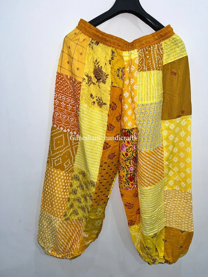 Pantalones harén con retazos amarillos, pantalones harén boho hippie, pantalón bohemio de pierna ancha Foto 4 de 4