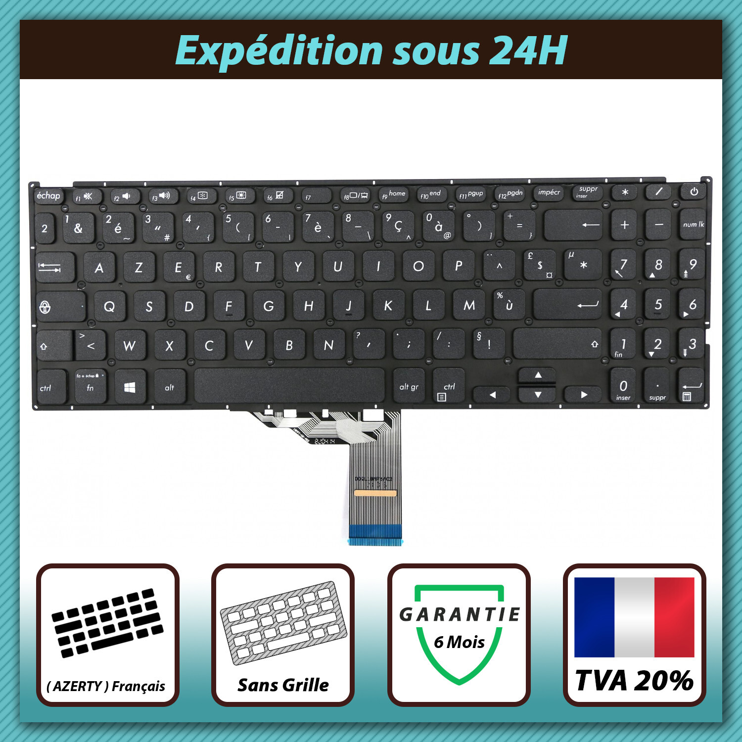 Clavier Azerty pour Asus F512D touches silencieuses à nappe flexible