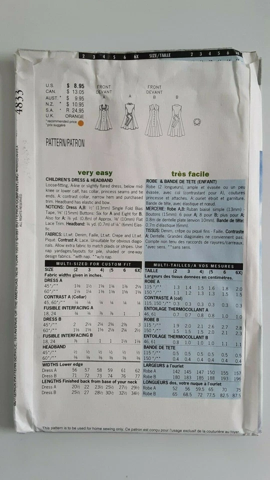 BUTTERICK #4833 GIRLS TODDLER SIZES 2-3-4 DRESS AND HEADBAND PATTERN UNCUT - Image 2 of 4