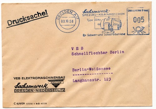 DDR 1958 Freistempel - Dresden / Sachsenwerk Elektromaschinenbau
