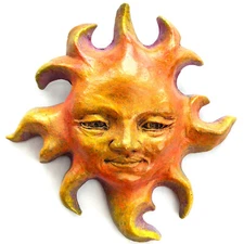 Mini Gold Collectible Sun Face Sculpture, Wall Art Ready to Hang, Home & Garden